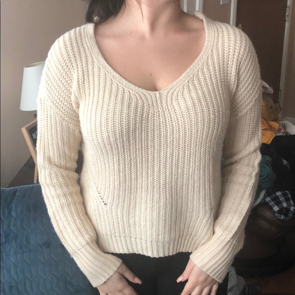 Cream beige sweater with a lace tie up back